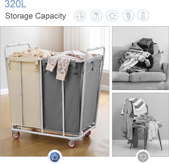 Hoctieon 2 Section Laundry Sorter Cart, 400L Rolling Hamper - Image 5