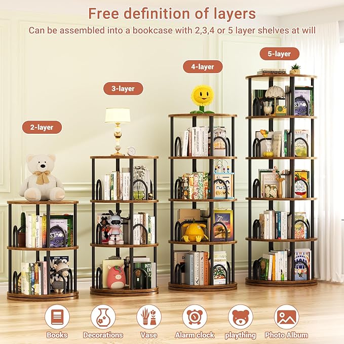 Aheaplus 5 Tier Rotating Bookshelf Tower, 360 Display Spinning Bookcase - Image 6