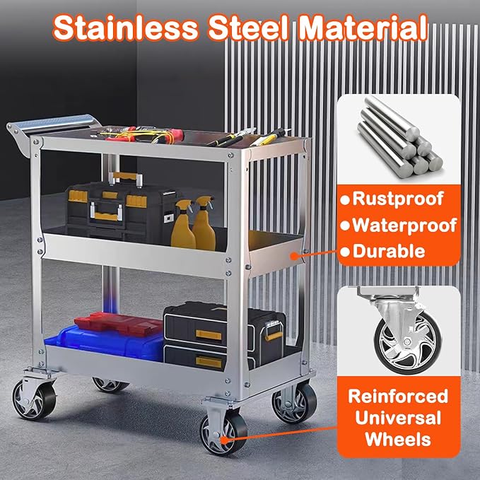 DDJ Stainless Steel Utility Cart on Wheels, 3-Tier 1100 lbs Heavy Duty Tool Cart - Image 2