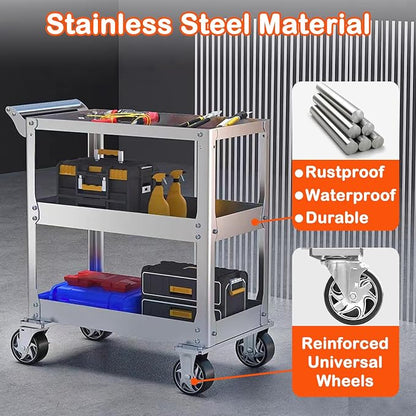 DDJ Stainless Steel Utility Cart on Wheels, 3-Tier 1100 lbs Heavy Duty Tool Cart - Image 2
