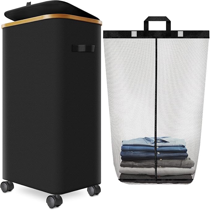 Laundry Hamper with Wheels, 29 Gal Laundry Basket with lid Rolling Clothes by Wuevu