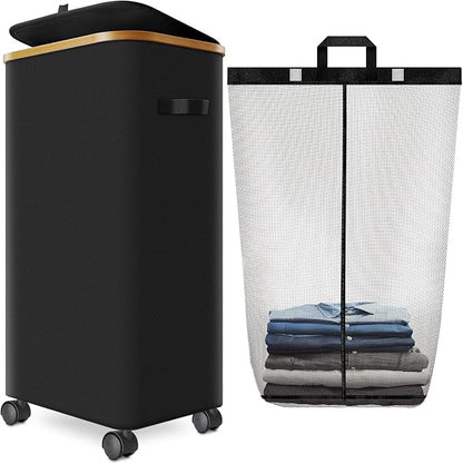 Laundry Hamper with Wheels, 29 Gal Laundry Basket with lid Rolling Clothes by Wuevu
