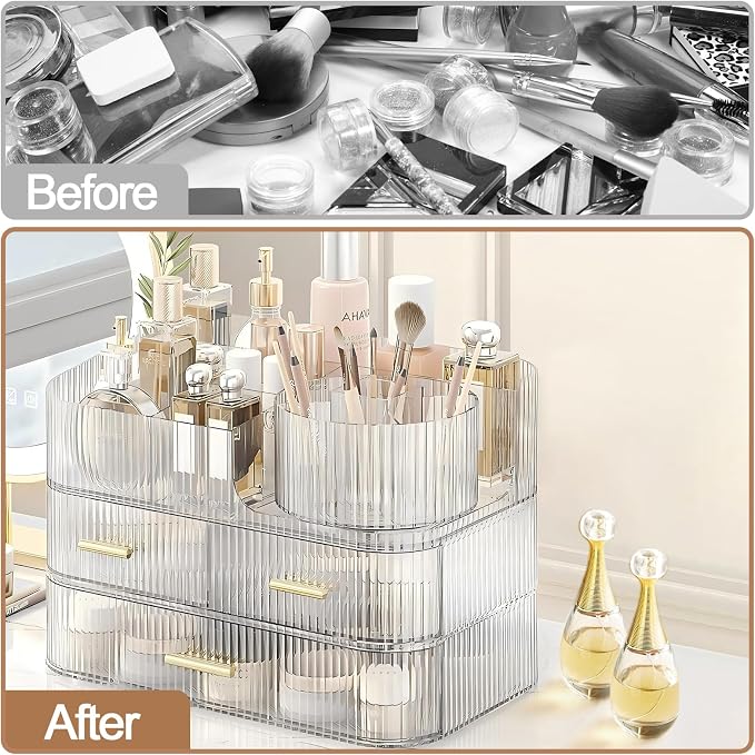 DASITON Makeup Organizer with Drawers and Rotating Makeup Brush Holder - Image 4