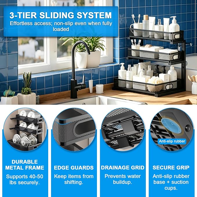 Under Sink Organizer, Height Adjustable Slide out Storage Drawer Rack - Image 7