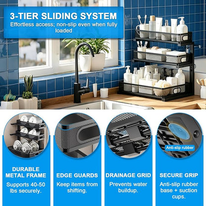 Under Sink Organizer, Height Adjustable Slide out Storage Drawer Rack - Image 7