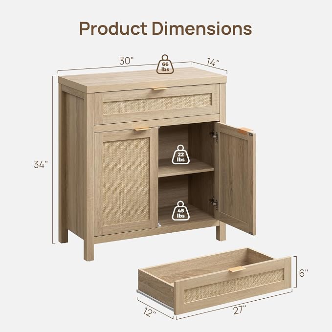 SICOTAS Sideboard Buffet Storage Cabinet Set of 2, Rattan Credenza Buffet Table - Image 3