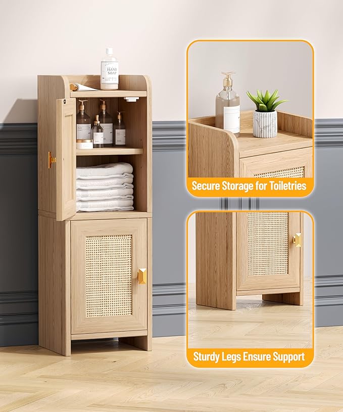 Akxomel Rattan Small Bathroom Cabinet Narrow Toilet Paper Organizer Oak | - Image 8