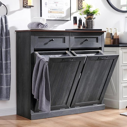 Double Tilt Out Laundry Hamper Cabinet, 20 Gallon Farmhouse Trash Can Cabinet by IFBUYFarmhouseFurniture