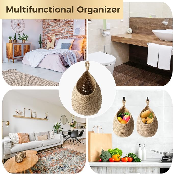 2Pcs Jute Hanging Fruit Baskets, Kitchen Vegetable Wall Storage Organizer | - Image 5