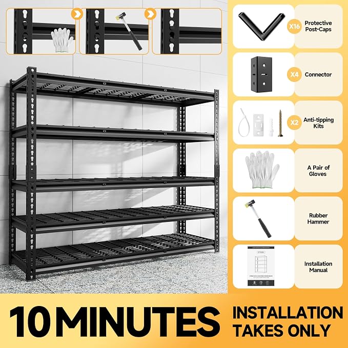 5-Tier 60" W X 20" D X 72" H Storage Shelves 2500LBS Metal Garage Shelving - Image 7
