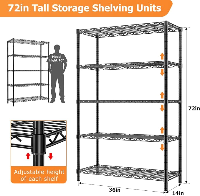 Storage Shelves Heavy Duty, 5-Tier Adjustable Metal Industrial Utility Shelf - Image 2