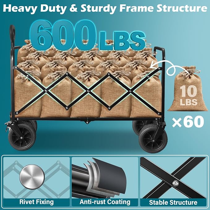 Beach Wagon with Big Wheels for Sand: 600LBS All Terrain Collapsible Beach Cart - Image 8