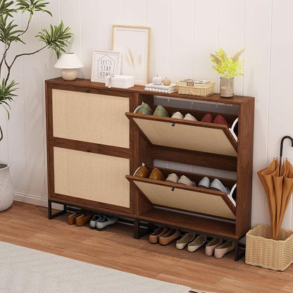 Rattan Shoe Cabinet with 2 Flip Drawers, Simple Setup Hidden Shoe Rack - Image 7