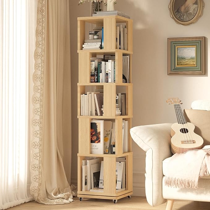 68-Inch 5 Tier Solid Wood Rotating Bookshelf Tower on Wheels, 360° Upgrade by Easyego