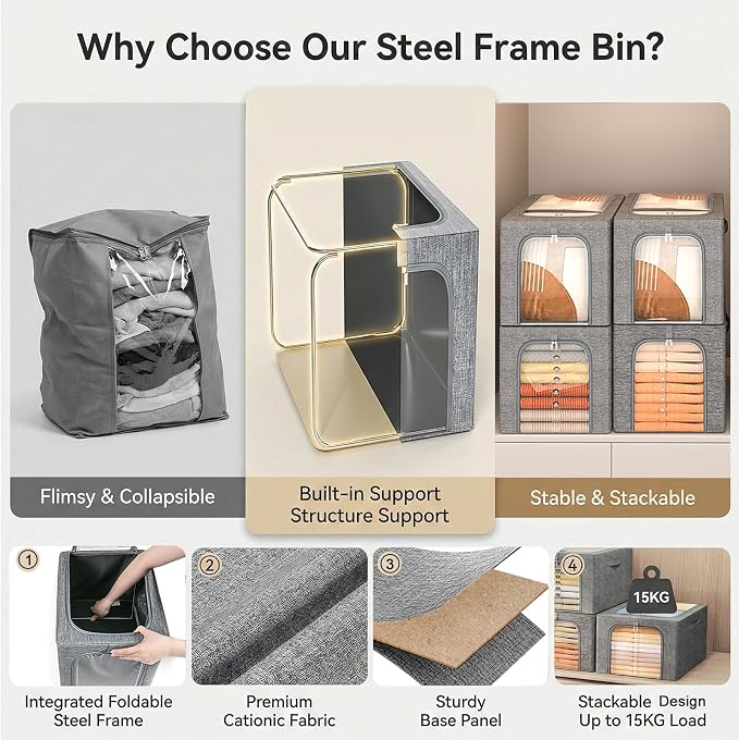 GoMaihe Clothes Storage Bins Metal Frame: 55L Extra Large Stackable Closet - Image 2