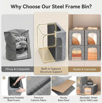 GoMaihe Clothes Storage Bins Metal Frame: 55L Extra Large Stackable Closet - Image 2