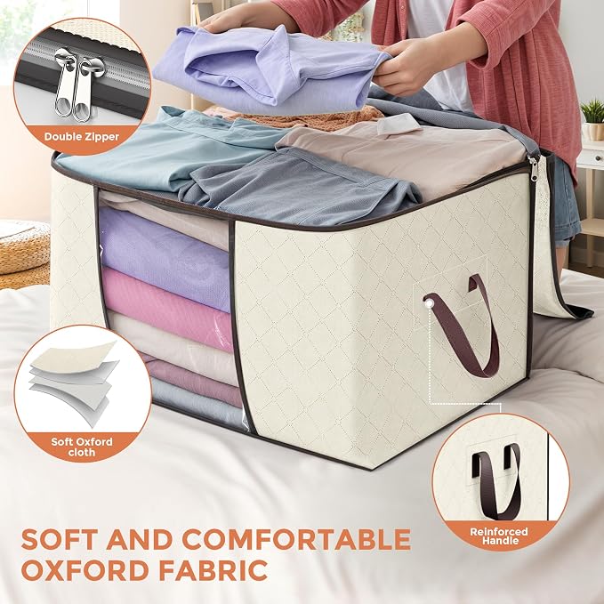 90 L Large Storage Bags, 6 Pack Clothes Storage Bins Foldable Closet Organizers - Image 4