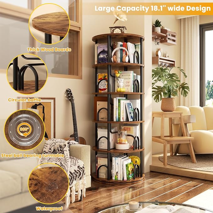 Aheaplus 5 Tier Rotating Bookshelf Tower, 360 Display Spinning Bookcase - Image 5