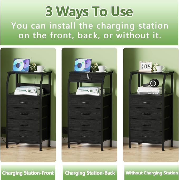Furnulem Tall Night Stand with Charging Station, 4 Drawers Bedside Table | - Image 6