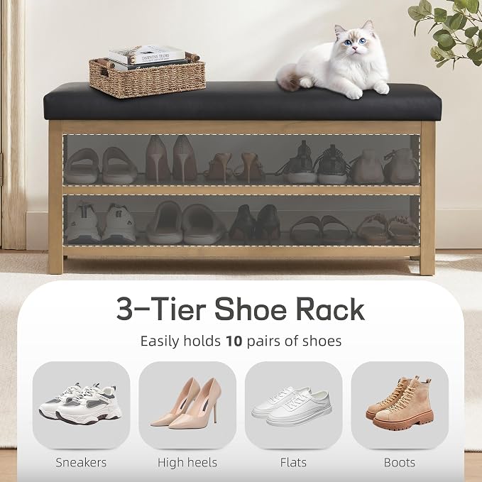 Zihanhome Shoe Rack Bench with Leather Cushion, 2 Tier Solid Wood Storage Bench - Image 7