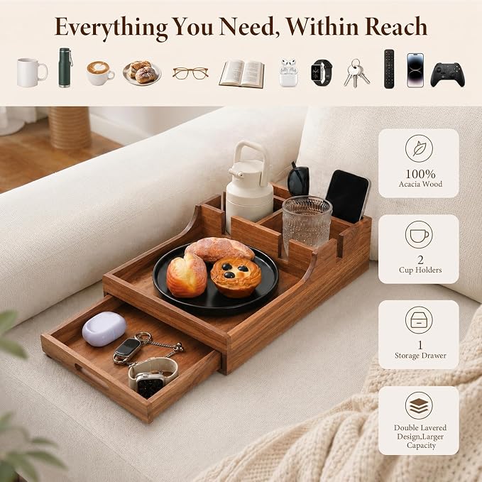 2-in-1 Couch Tray with Cup Holders, Sofa Arm Tray Table with Drawer Storage - Image 5