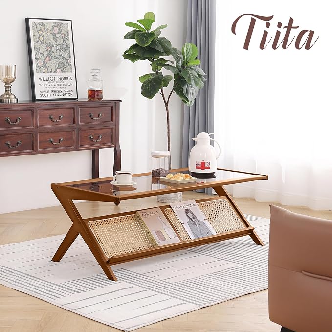 Tiita Rattan Coffee Table, Bamboo Accent Bedside Tables, Glass Nightstand Side - Image 6