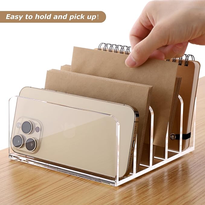 SANRUI Acrylic Desk File Organizer Holder, 5 Upright Clear Desktop Mails Sorter - Image 3