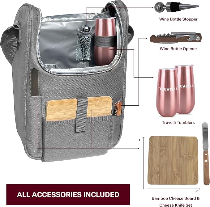 Truvelli Insulated Wine Tote Bag: Portable 2 Bottle Cheese Waterproof Black - Image 3