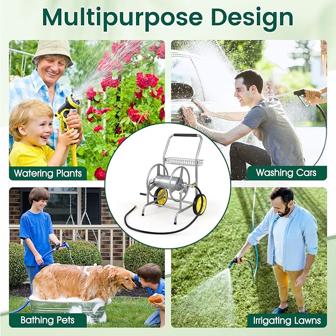 Goplus Garden Hose Reel Cart, 230ft 5/8" or 300ft 1/2" Heavy-Duty Metal Hose - Image 6