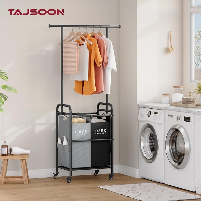 Tajsoon Laundry Sorter with Hanging Bar, 2 Bag laundry cart, Laundry Cart with - Image 2