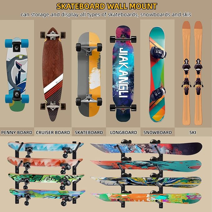 BiJun Skateboard Wall Mount, Snowboard Wall Mount Display, Horizontal Ski Wall - Image 2