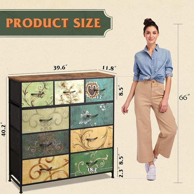 WLIVE Tall Dresser for Bedroom, 9 Drawer Chest of Drawers, Floral | 9 roomy - Image 3