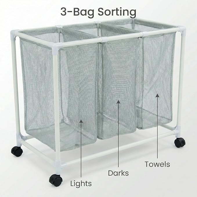 3 Section Laundry Hamper with Wheels & Lid, Large Rolling Laundry Basket - Image 6