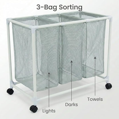 3 Section Laundry Hamper with Wheels & Lid, Large Rolling Laundry Basket - Image 6