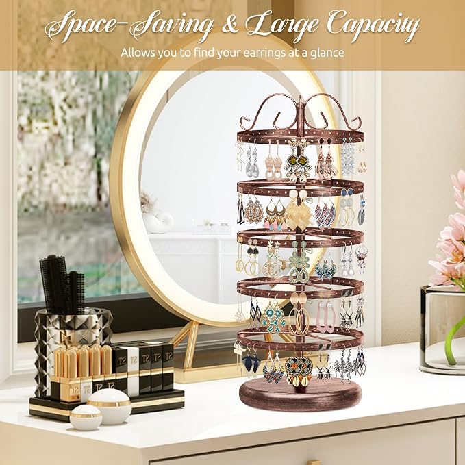MODOWEY Rotating Earring Holder Organizer Stand, 5 Tiers Metal Tree, Bronze | - Image 8