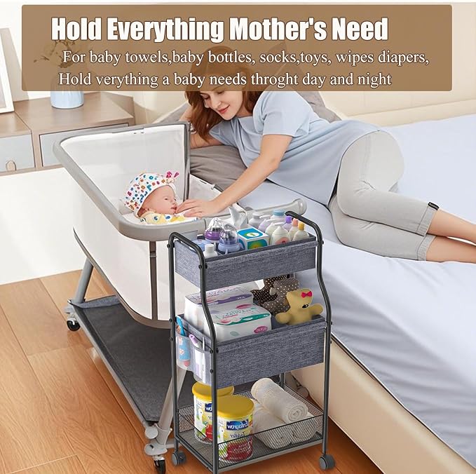 3-Tier Baby Diaper Caddy Organizer and Storage Cart, Mobile Metal Utility Cart - Image 7