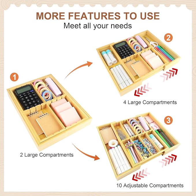 TREWAVE Bamboo Desk Drawer Organizer, Expandable Drawer Organizer Tray - Image 4