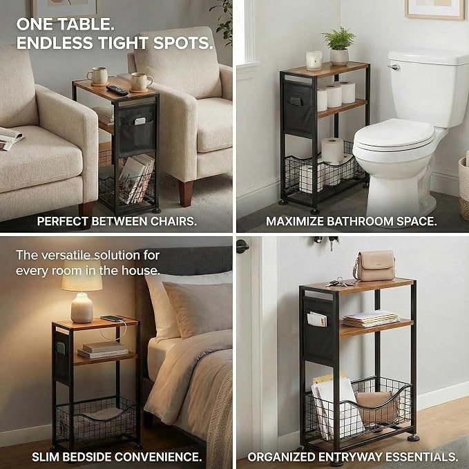 Skinny Side Table with Storage, 3 Tier Slim Side Tables - Image 11