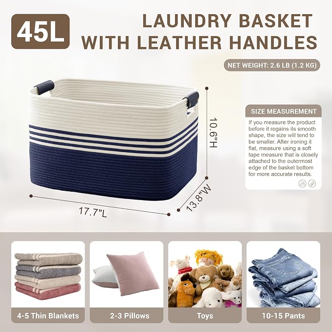 45L Small Laundry Basket with Leather Handles - Image 2