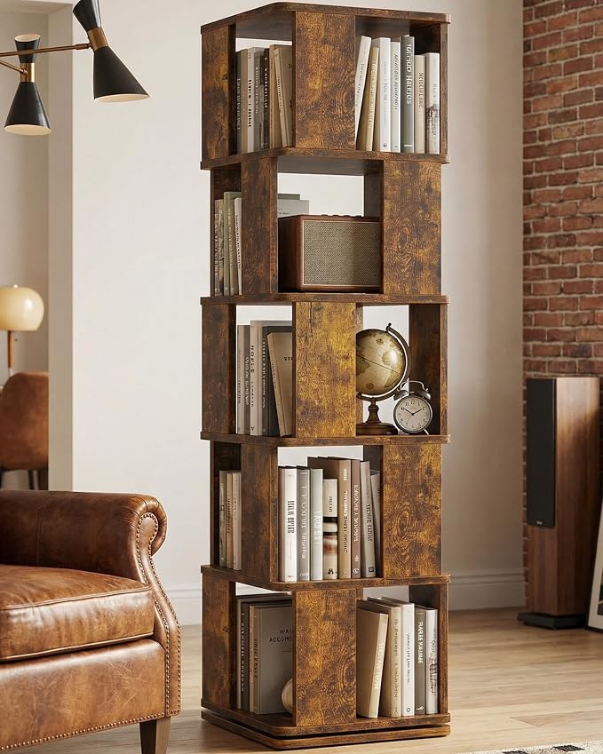 5-Tier Rotating Bookshelf Tower, 360° Square Spinning Book Shelf | Floor by Foxemart