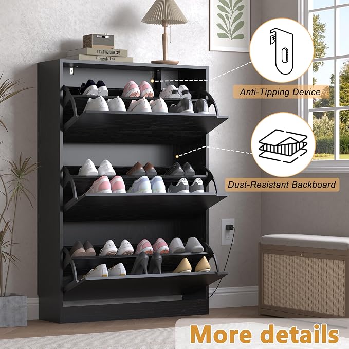 BORNOON Shoe Cabinet with Odor Control and Back Panels, Deodorizing Slim 3-Flip - Image 6