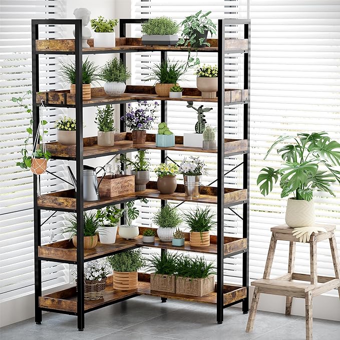 KOUSEI 6-Tier L-Shaped Reversible Corner Bookshelf, Wide Open Shelves + 4 Hooks - Image 5
