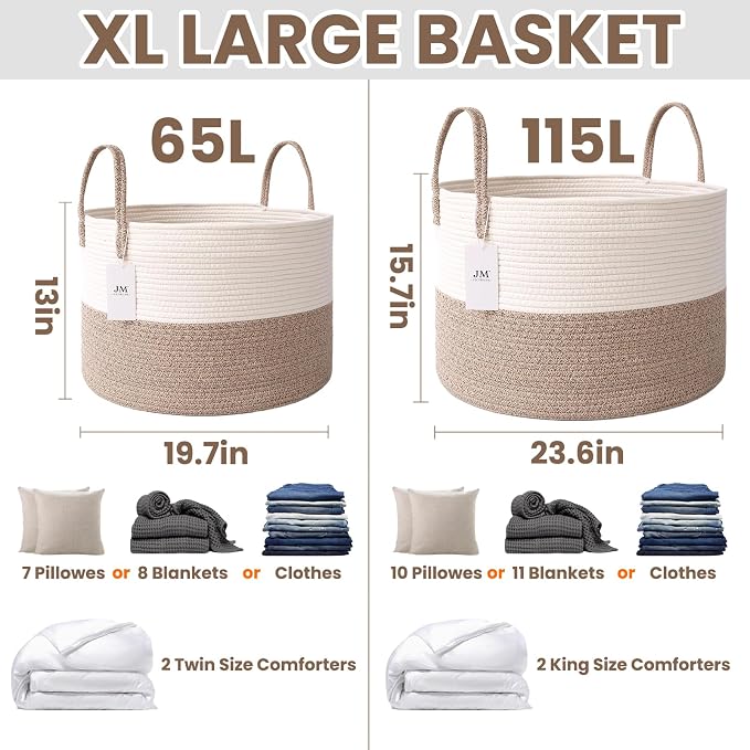 JMvicyroam 65L Extra Large Machine Washable Cotton Rope Blanket Basket | - Image 3