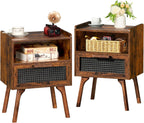 Lerliuo Rattan Nightstands Set of 2, Boho Side Table with Drawer Open Shelf, Cane Accent Bedside End Table with Solid Wood Legs for Bedroom, Dorm and Small Spaces (Brown)