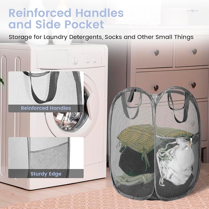 HOUSE AGAIN Mesh Popup Laundry Hamper, Collapsible Laundry Basket, Foldable Pop - Image 6