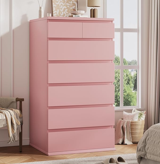 Pink Tall 7 Drawer Dresser for Bedroom, Modern Wood Closet Dressers & Chests of by JOCOEVOL