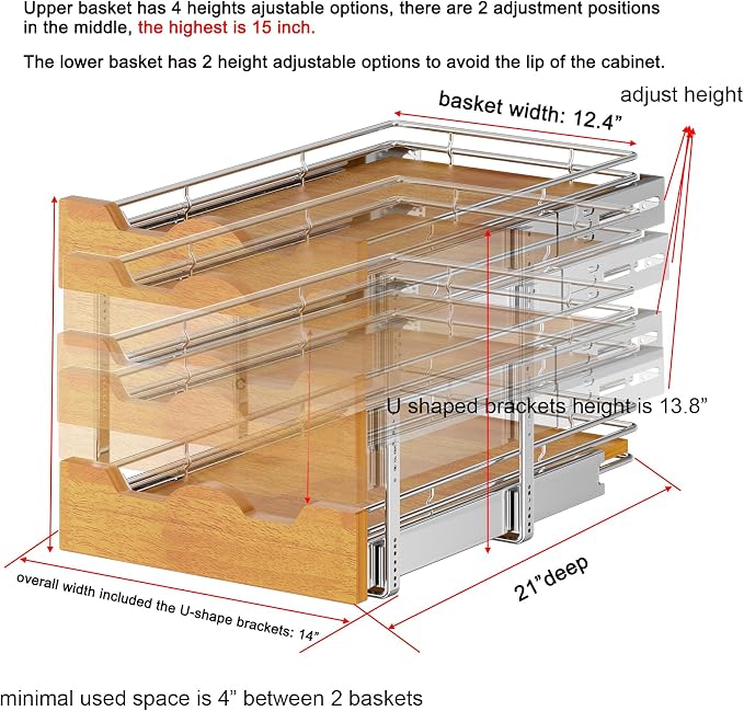 DINDON 2 Tier Pull Out Cabinet Organizer Slide Out Wood Shelf Double Tier - Image 2