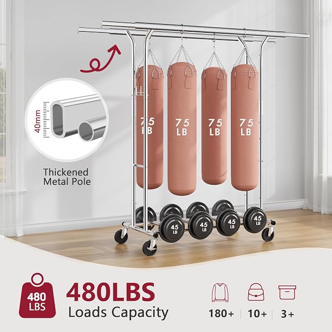 Tajsoon Double Rod Clothes Rack 480 LBS, Heavy Duty Clothing Rack - Image 2
