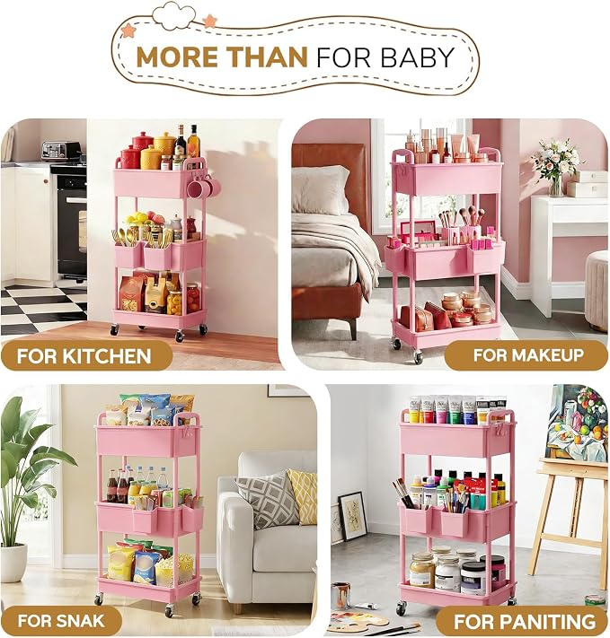 Goovilla Diaper Cart with Lockable Wheels and Easy Assembly, 3 Tier Pink - Image 7