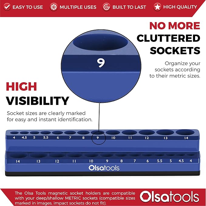 Olsa Tools Magnetic Socket Holder | 1/4-inch Drive | Metric | Blue | Holds 26 - Image 2